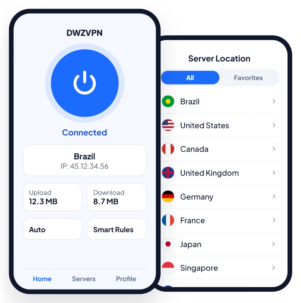 App móvil de DWZVPN con controles de conexión y ubicaciones de servidores