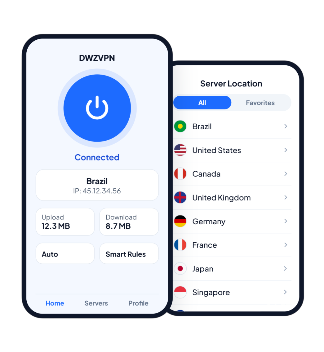 DWZVPN mobile app showing connection controls and server locations